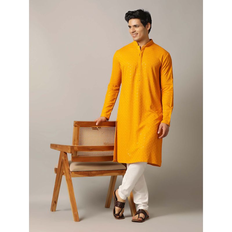 THE KURTA COMPANY Yellow Rayon Embroidered Regular Fit with Mandarin Collar Kurta (40)