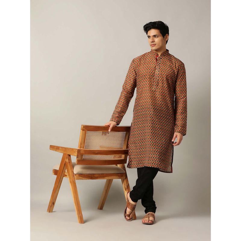 THE KURTA COMPANY Grey and Red Silk Blend Printed Kurta (38)