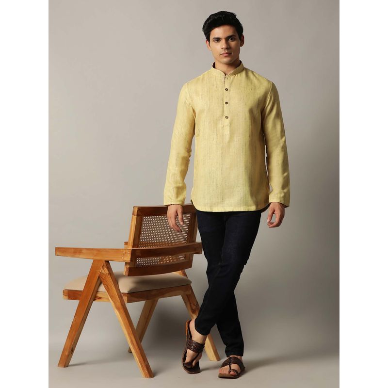 THE KURTA COMPANY Yellow Linen Blend Self Textured Short Kurta (40)