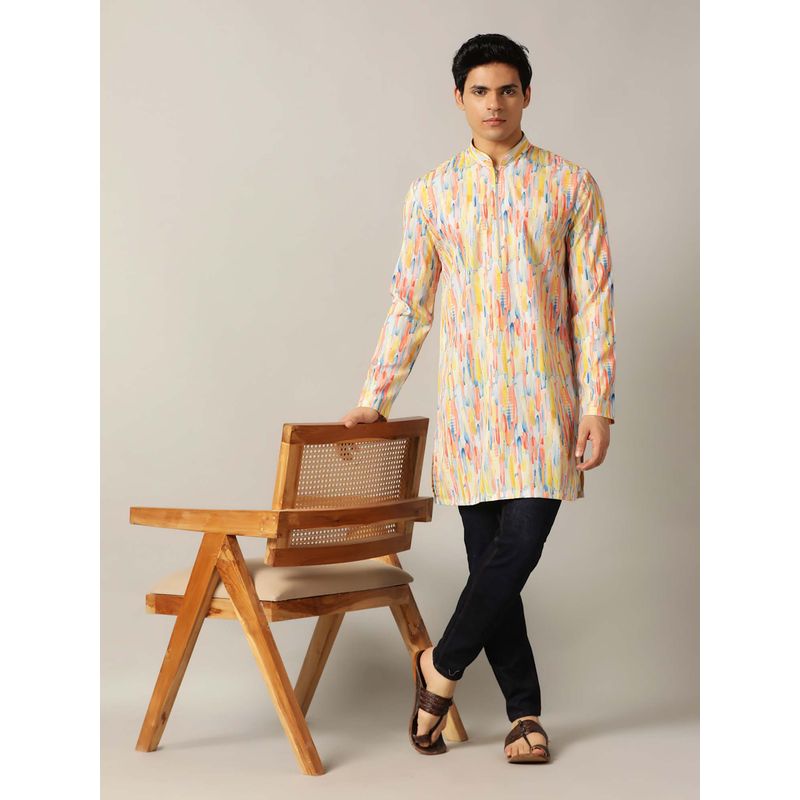 THE KURTA COMPANY Yellow Multi Cotton Blend Printed Kurta (40)