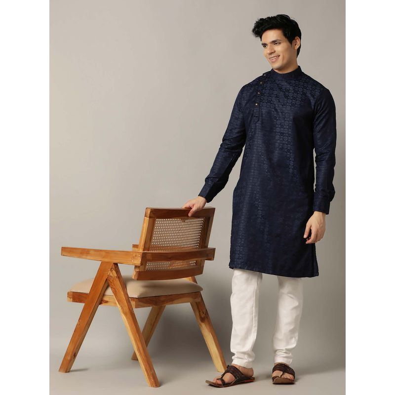 THE KURTA COMPANY Blue Silk Jacquard Self Design Kurta (38)