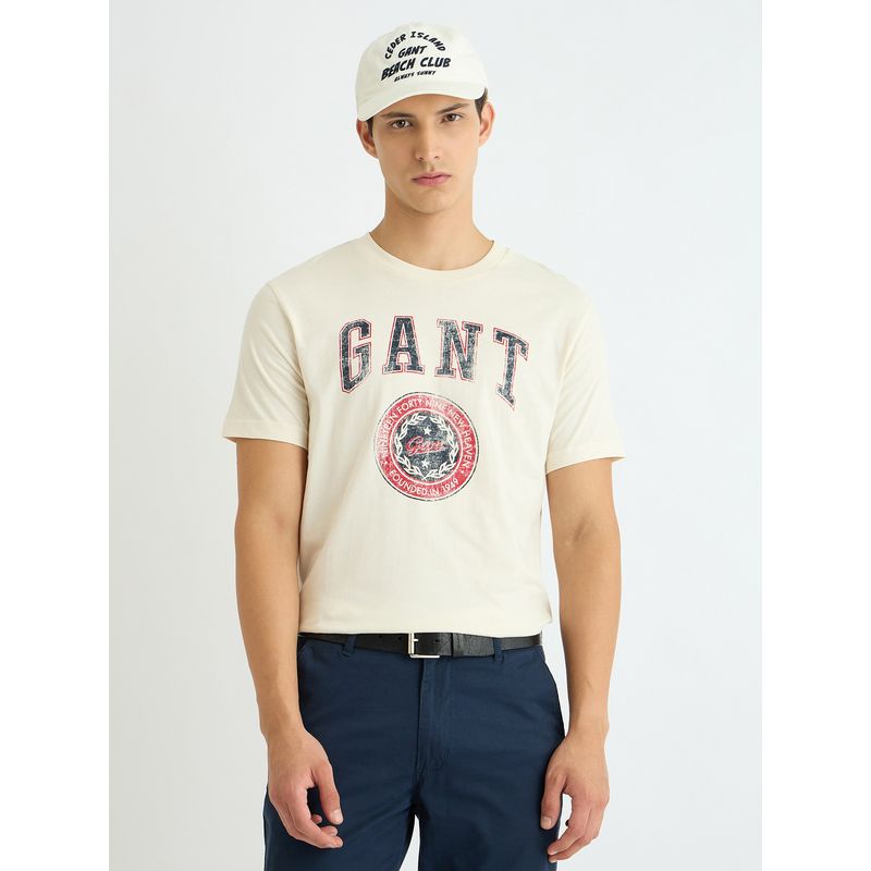 GANT Men Cream Round Neck Short Sleeve Regular Fit T-Shirt (S)
