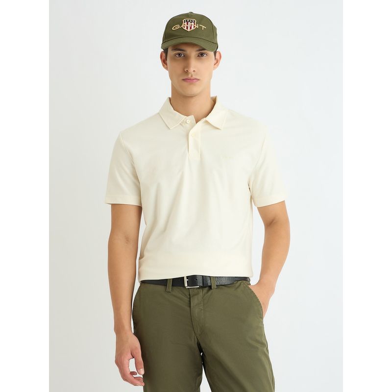 GANT Men Cream Solid Collar Neck Short Sleeve Regular Fit Polo T-Shirt (S)