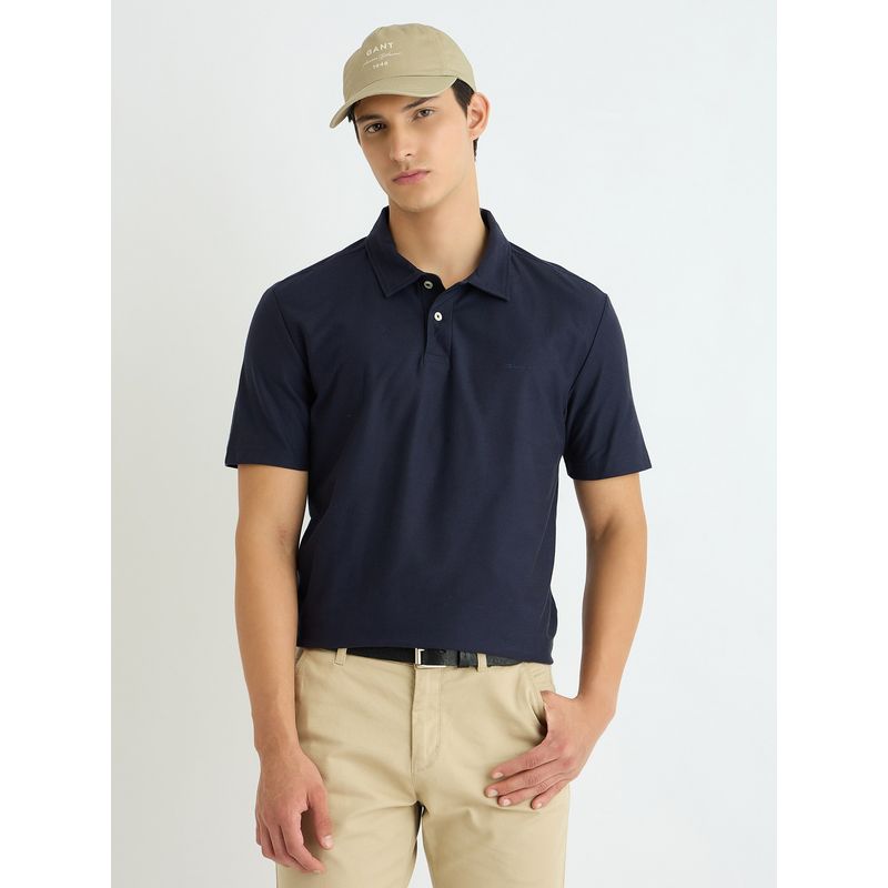 GANT Men Navy Blue Solid Collar Neck Short Sleeve Regular Fit Polo T-Shirt (S)