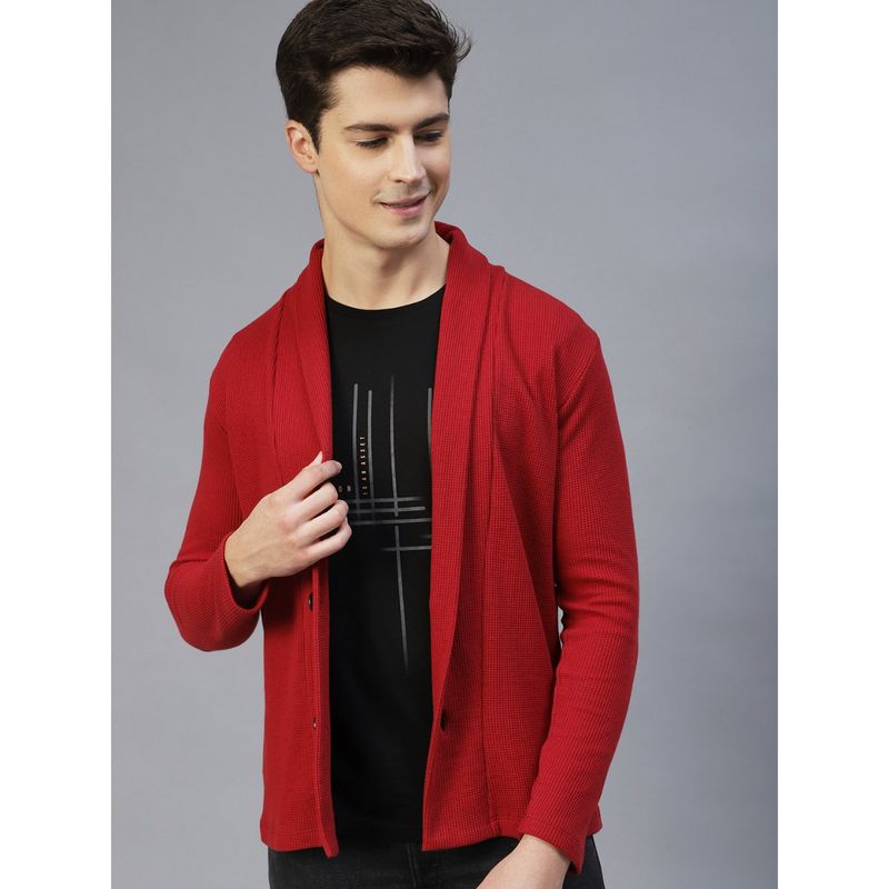 RIGO Men Maroon Shawl Collar Waffle Knit Jacket (L)