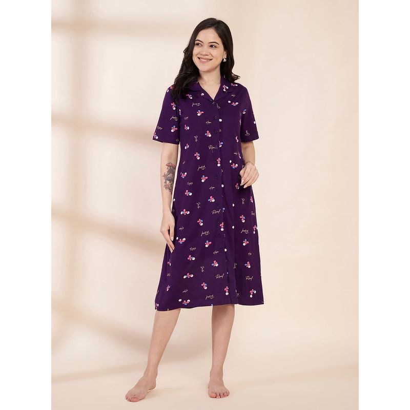 Secret Wish Purple Floral Hosiery Padded Nighty (M)