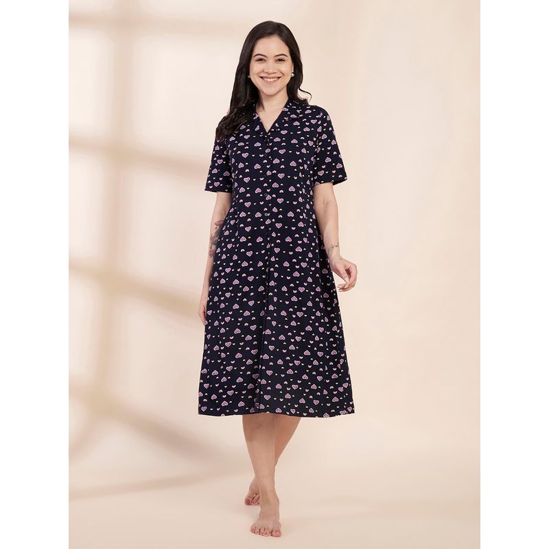 Secret Wish Navy Blue Heart Print Hosiery Padded Nighty (M)