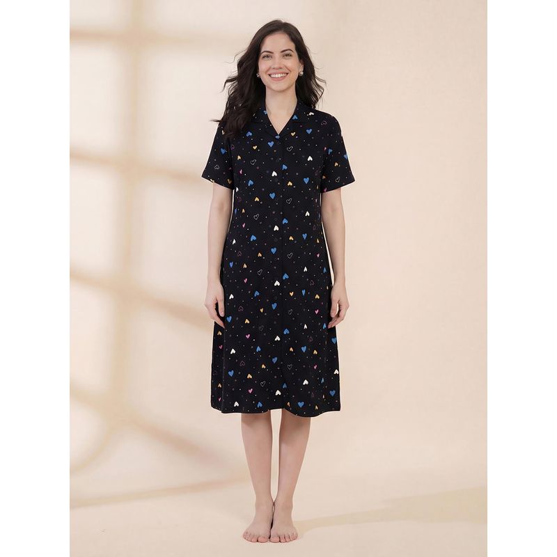 Secret Wish Black Heart Print Hosiery Padded Nighty (S)