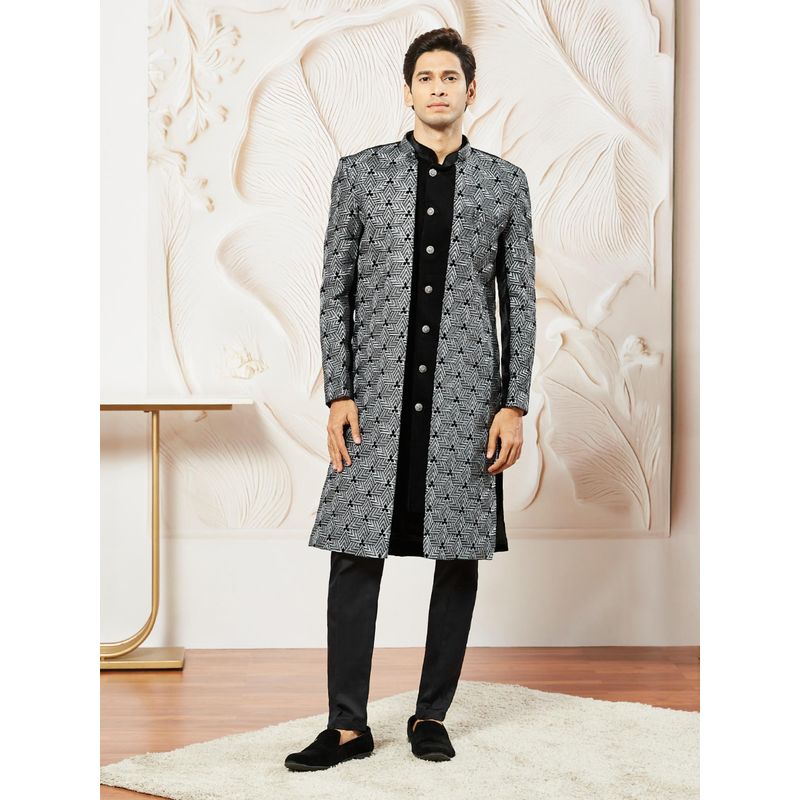 Vastramay Mens Velvet Embroidered Sherwani with Semi Kurta and Pant - Black (Set of 3) (38)