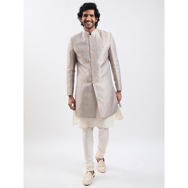 Vastramay Mens Jacquard Indo-Western Over Viscose Kurta Pyjama - Grey (Set of 3) (42)