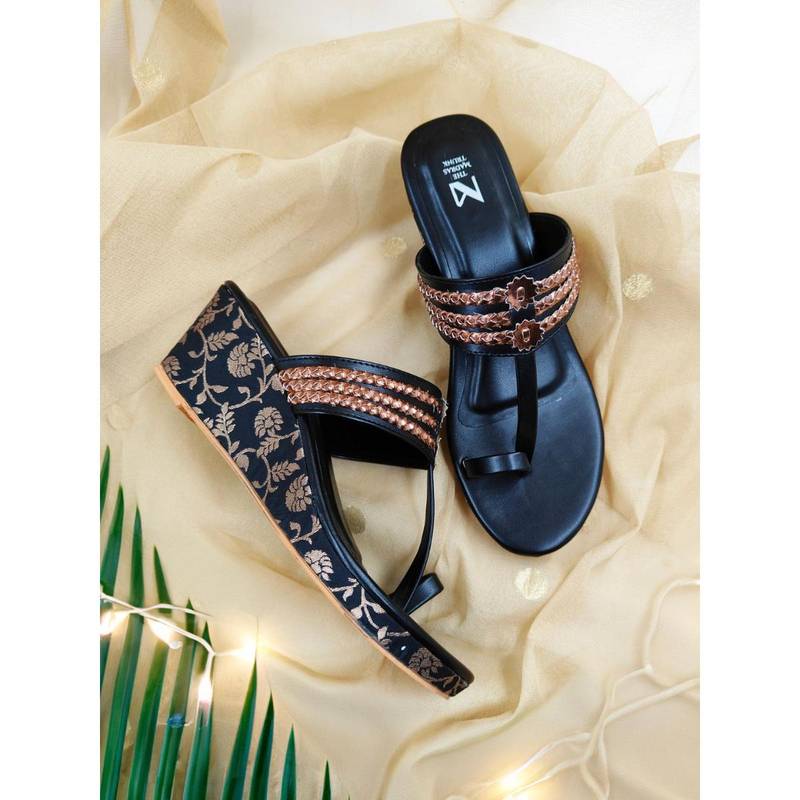 The Madras Trunk Women Black Wedges Kolhapuris Heels (EURO 36)