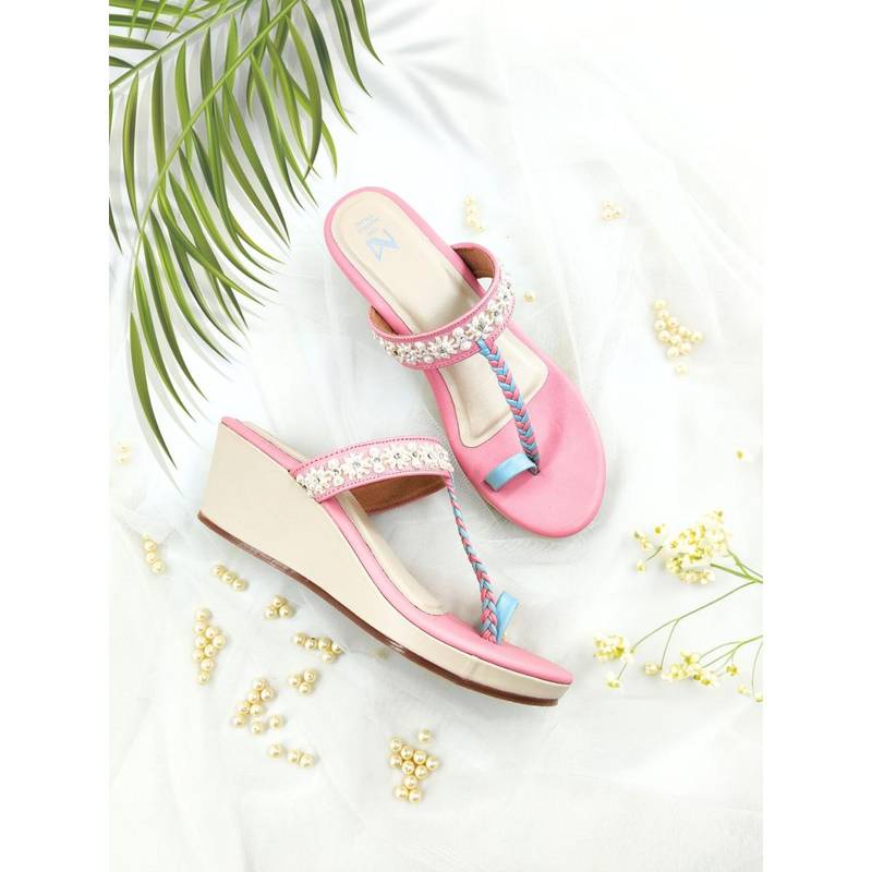 The Madras Trunk Women Two Inch Pink Wedges Kolhapuris Heels (EURO 36)