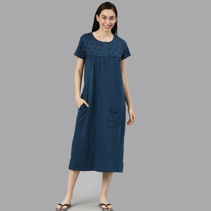 Kryptic Teal Printed Cotton Nightdress (L)