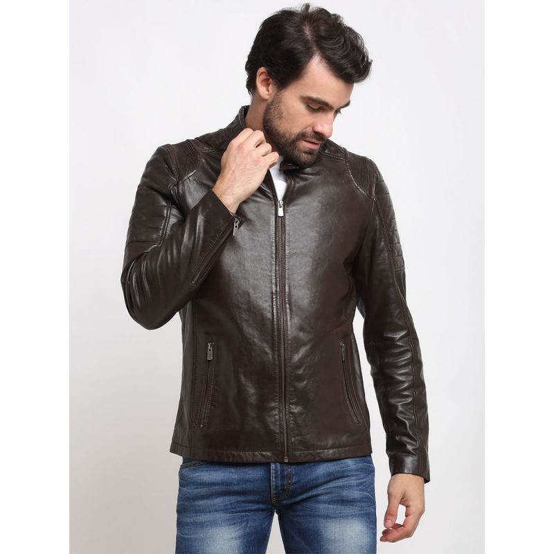 Teakwood Brown Solid Genuine Leather Biker Jacket (S)