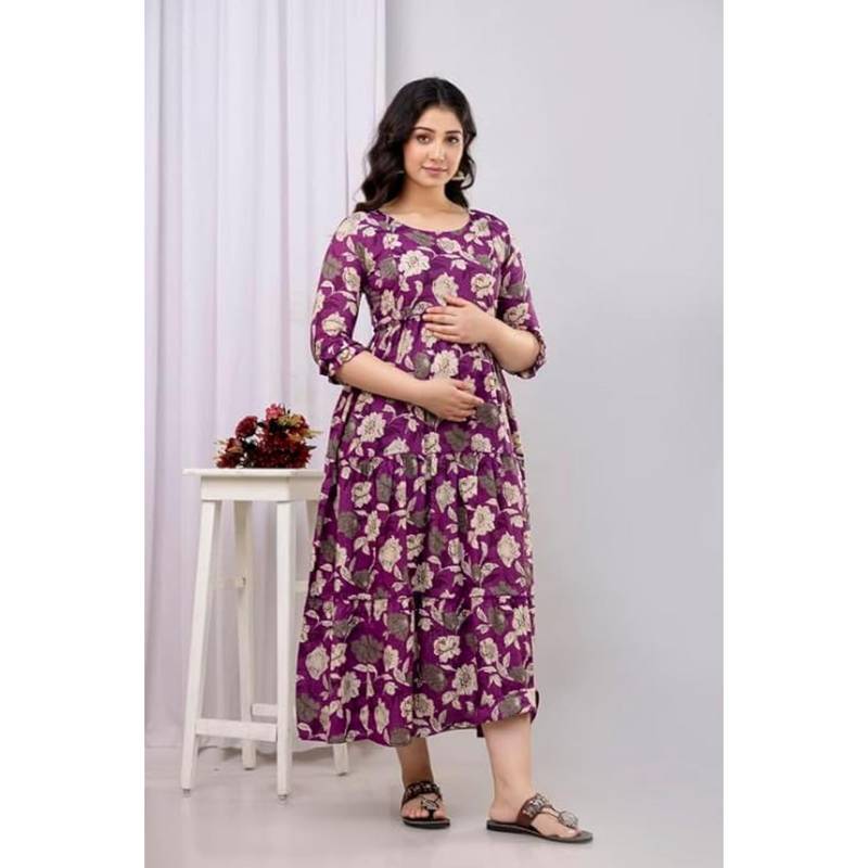 The Perfect Fit Co. Purple Stylish Womens Cotton Maternity Feeding Zipper Nursing Dress (M)