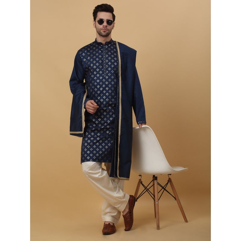 Kraft India Blue Sequenced Embroidered Cotton Silk Kurta with Salwar and Dupatta (Set of 3) (L)
