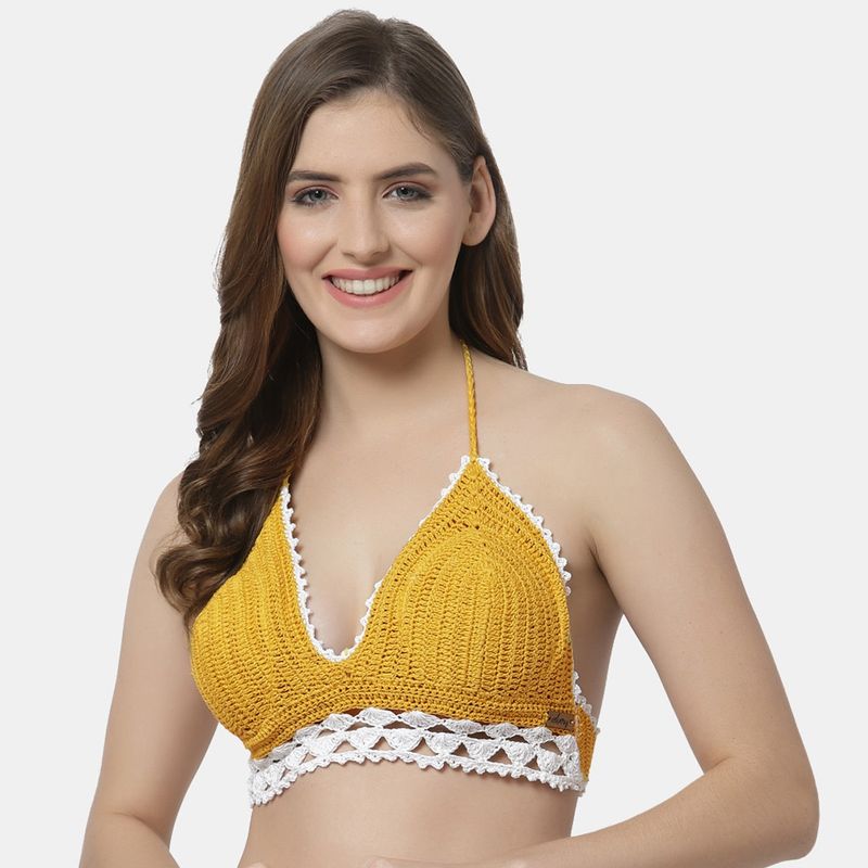 Velvery Handmade Crochet Halter Neck Beach Bralette - Yellow (L)