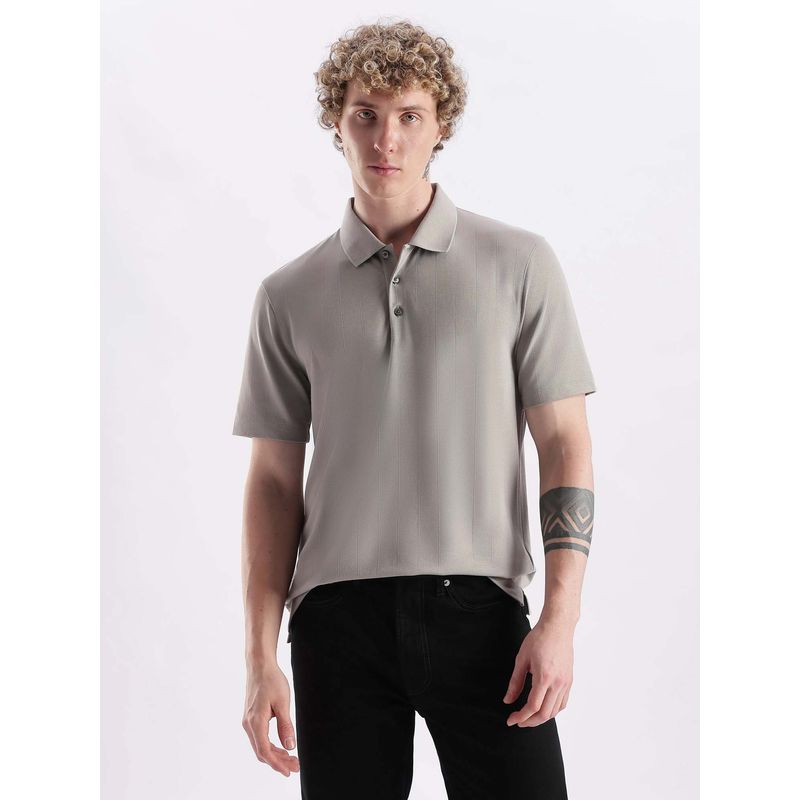Calvin Klein Striped Regular Fit Polyester Polo T-Shirt Taupe (M)