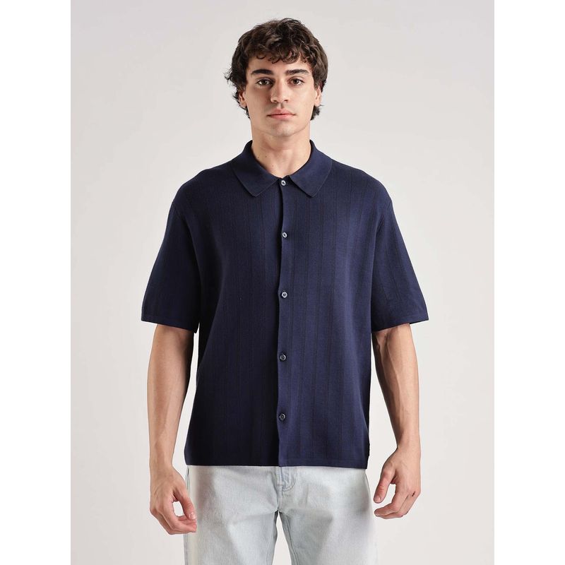 Calvin Klein Self Design Regular Fit Viscose Shirt Navy Blue (l)