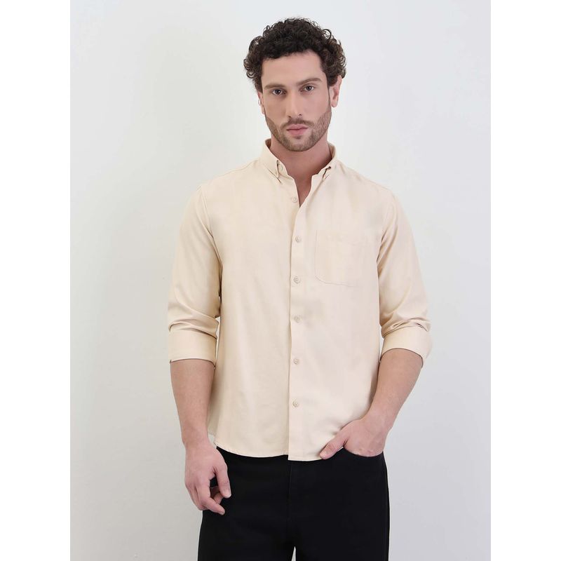 Styli Men Solid Oxford Regular Fit Full Sleeve Shirt Beige (L)