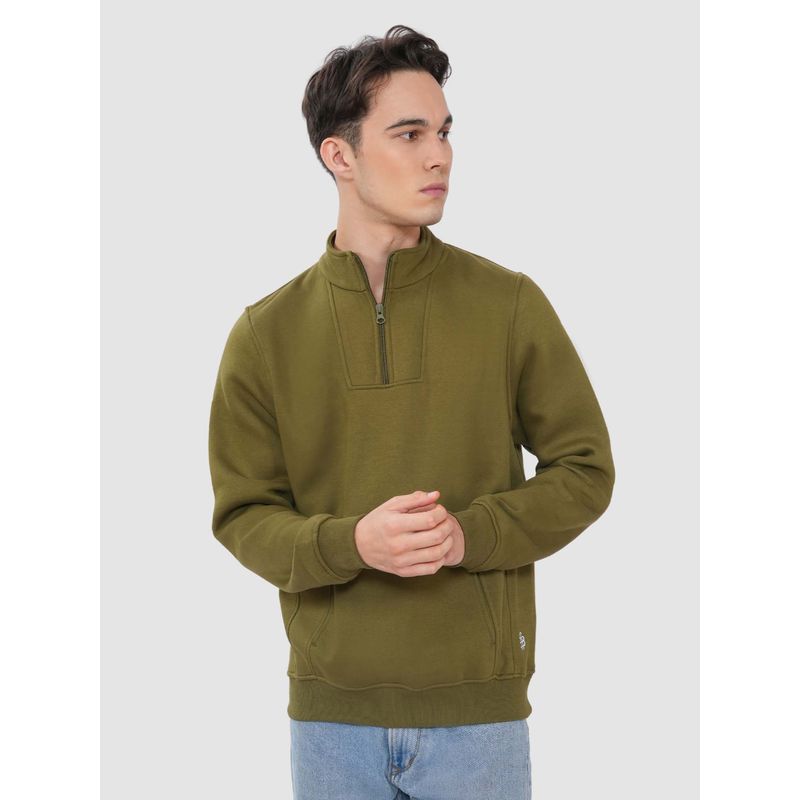 Bonjour Mens Olive Half Zip Sweatshirt with Kangaroo Pocket (XL)