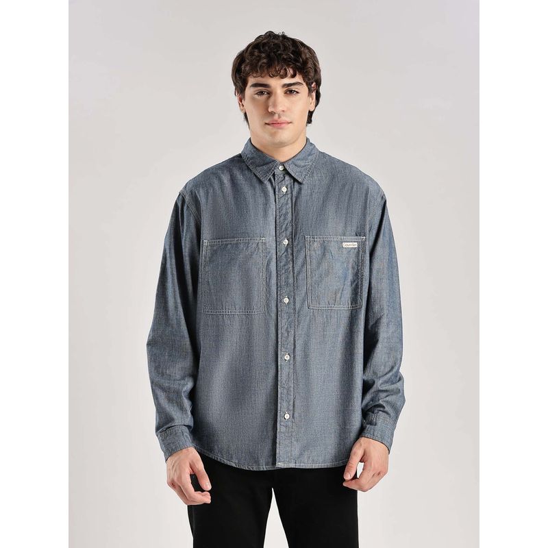 Calvin Klein Solid Relaxed Fit Denim Woven Shirt Blue (S)