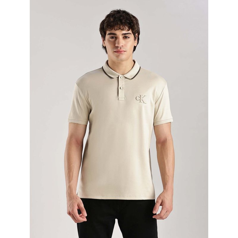 Calvin Klein Solid Regular Fit Cotton Polo T-Shirt Beige (L)