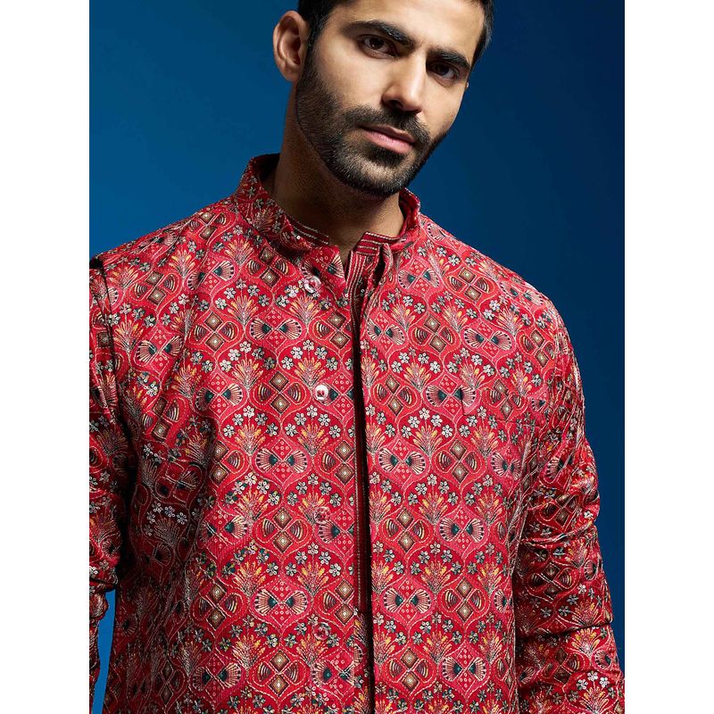 Vastramay Red Chinon Kurta with Pyjama and Nehru Jacket (Set of 3) (S)