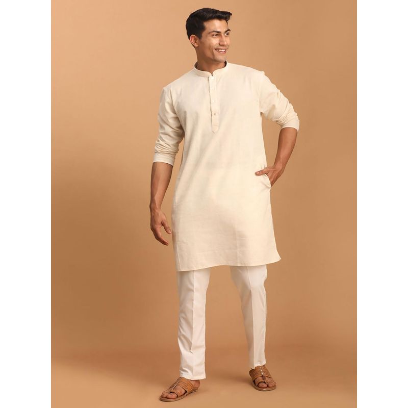 Vastramay Cream Cotton Short Kurta with Pant Style Pyjama (Set of 2) (M)