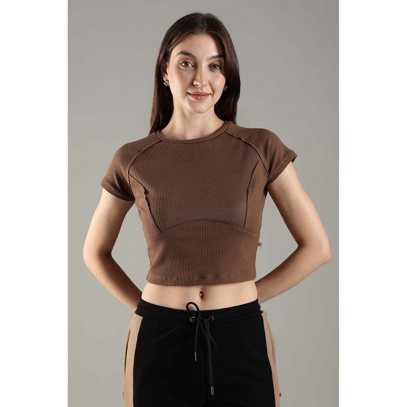 DOMIN8 Brown Solid Fitted Fit T-Shirt (XL)