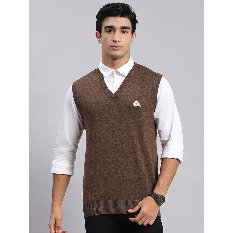 Monte Carlo Coffee Mix Solid V Neck Sweater (L)