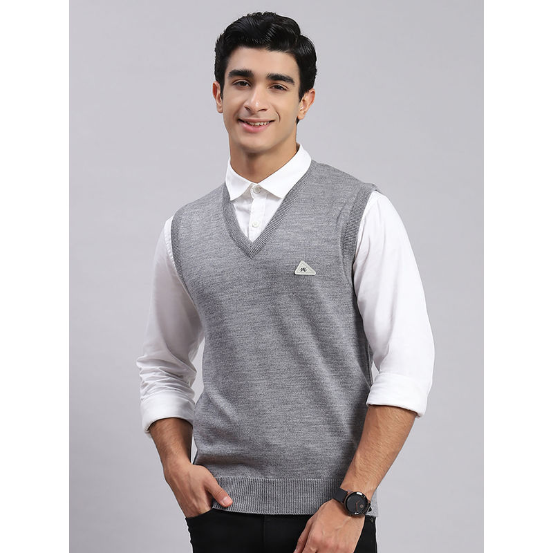 Monte Carlo Grey Mel Solid V Neck Sweater (XL)