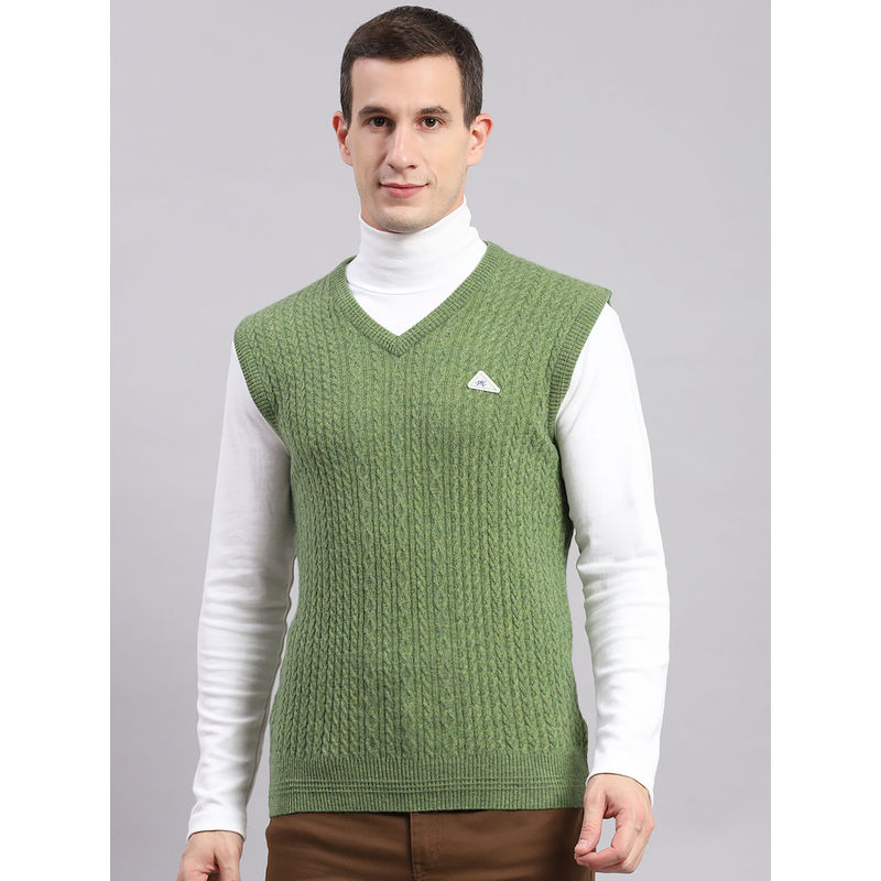 Monte Carlo Green Multi Self Design V Neck Sweater (2XL)