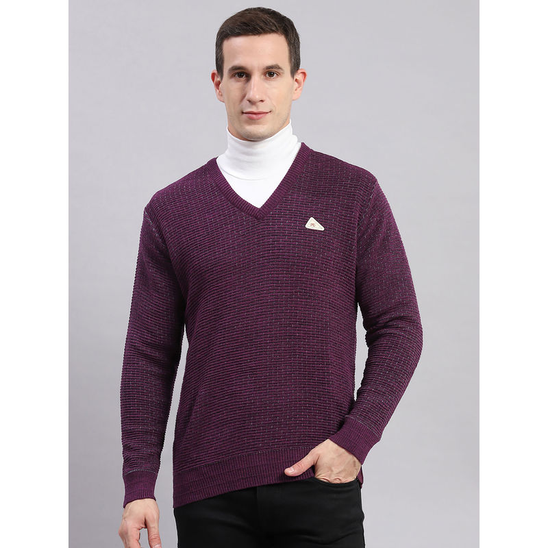 Monte Carlo Plum Multi Self Design V Neck Sweater (M)