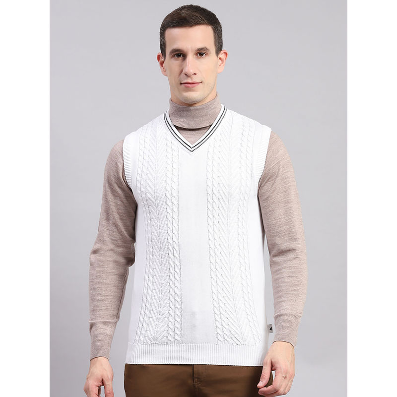 Monte Carlo White Self Design V Neck Sweater (2XL)