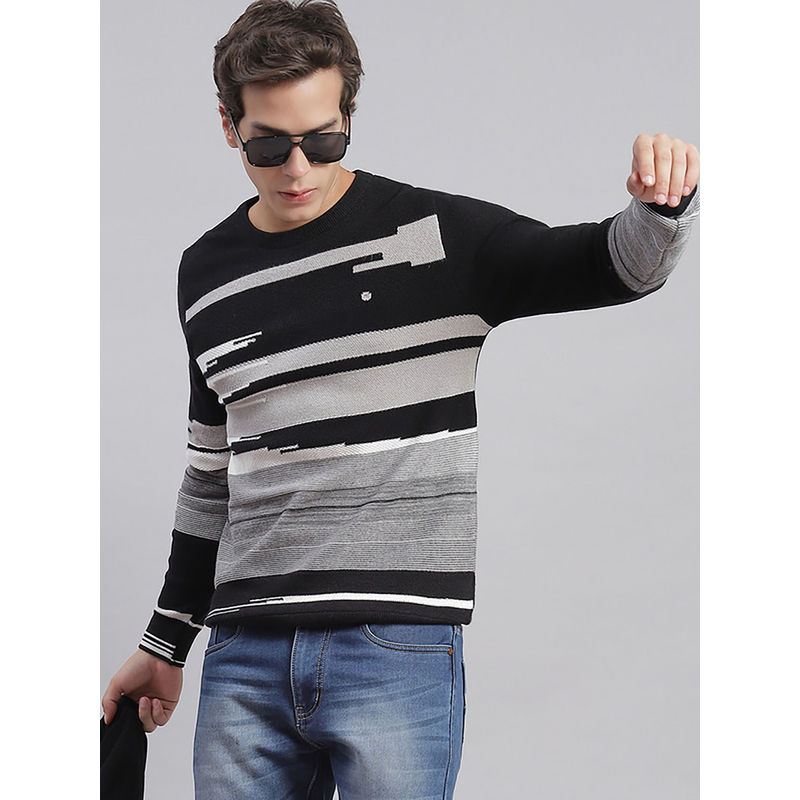 Monte Carlo Black Self Design Round Neck Pullover (2XL)