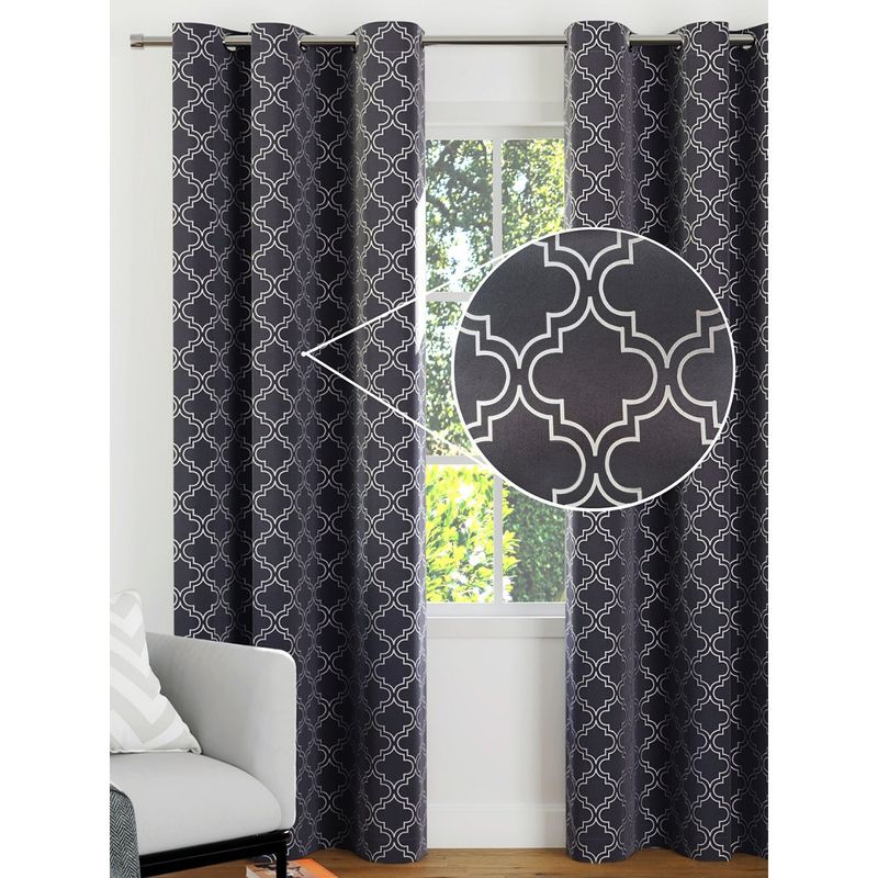 Encasa Homes Room Darkening Blackout Curtains 2 Panels Silver Foil Printed 7 Ft Trellis Grey