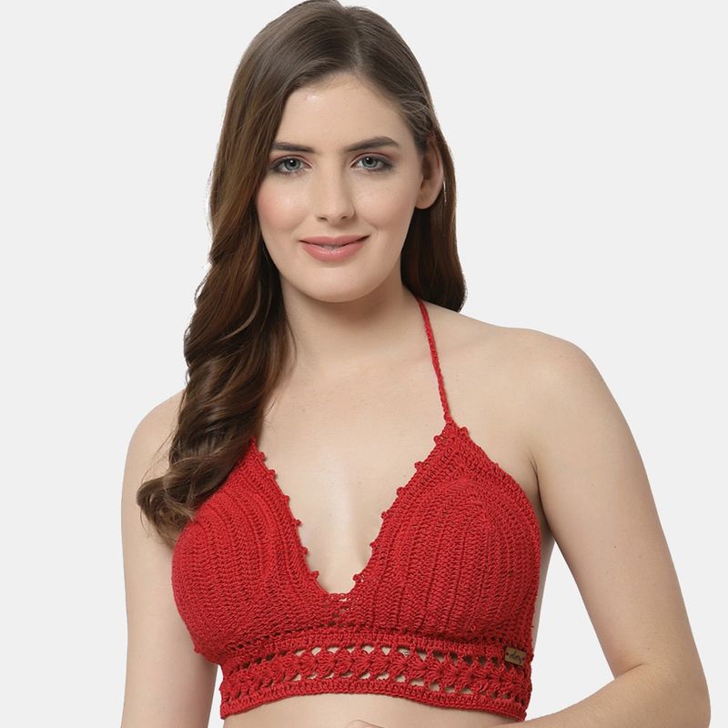 Velvery Handmade Halter Neck Padded Bralette Crop Top - Red (M)
