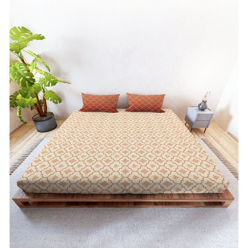 100% Cotton 144TC Super King Bedsheet with 2 Pillow Covers Geometric Beige (King)