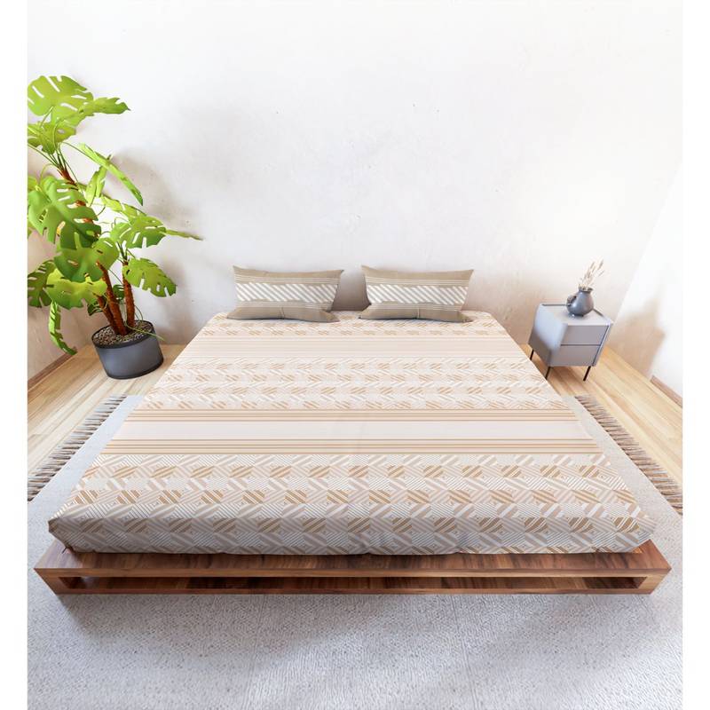100% Cotton 144TC Super King Bedsheet with 2 Pillow Covers Geometric Beige (King)