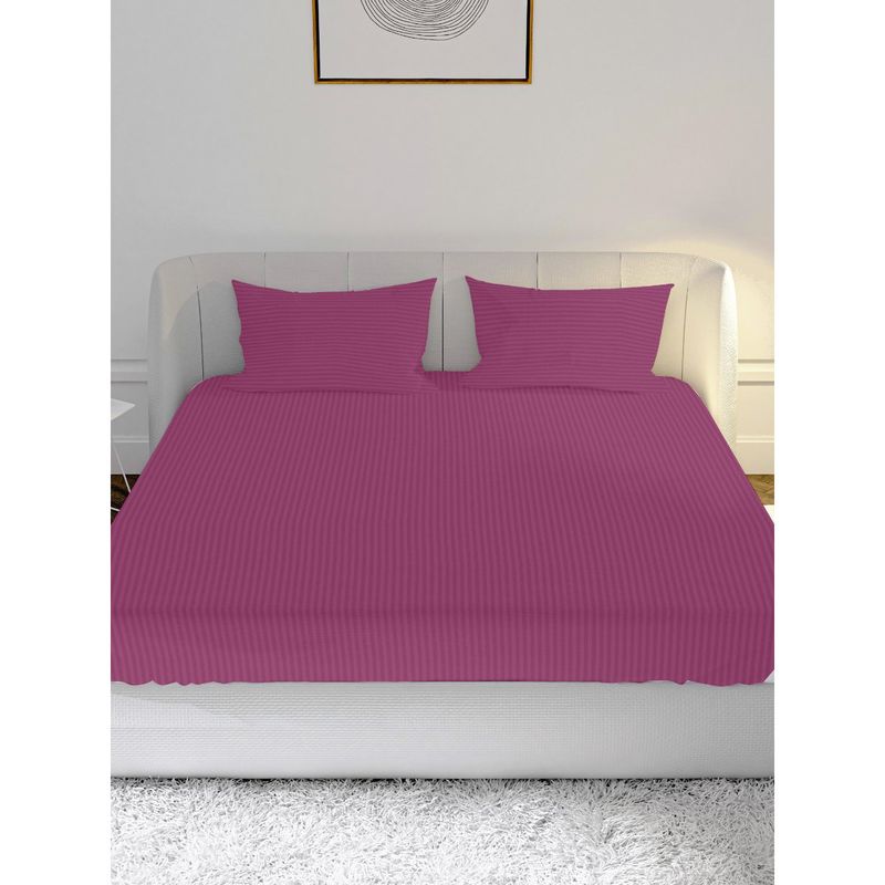 100% Cotton Satin 210TC Queen Bedsheet with 2 Pillow Covers Stripe Tuberose Pink (Queen)