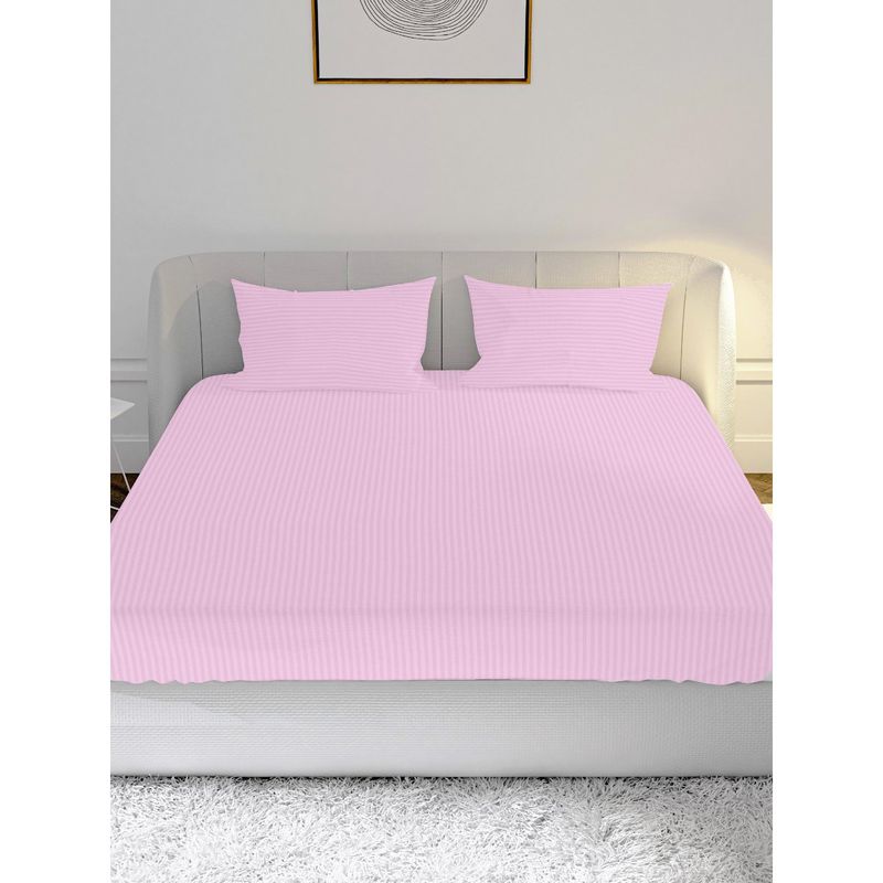 100% Cotton Satin 210TC Queen Bedsheet with 2 Pillow Covers Stripe Baby Pink (Queen)