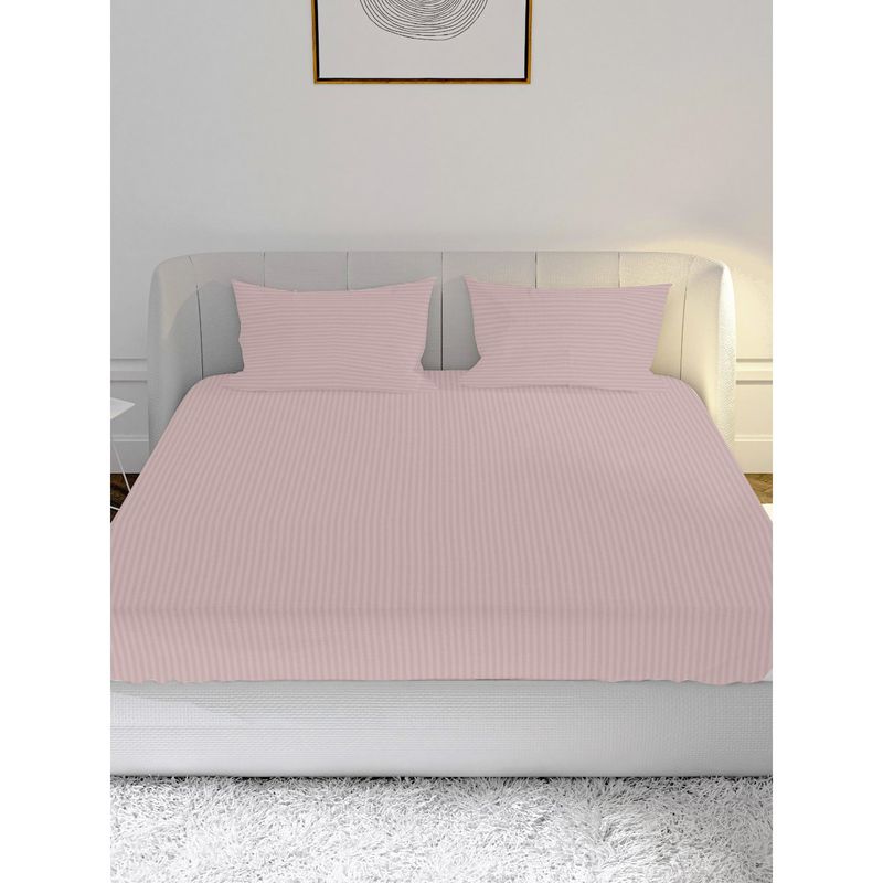 100% Cotton Satin 210TC Super King Bedsheet with 2 Pillow Covers Stripe Dusty Pink (King)