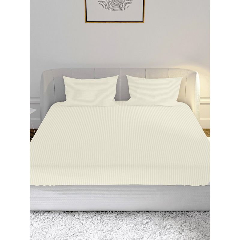 100% Cotton Satin 210TC Super King Bedsheet with 2 Pillow Covers Stripe Cream (King)