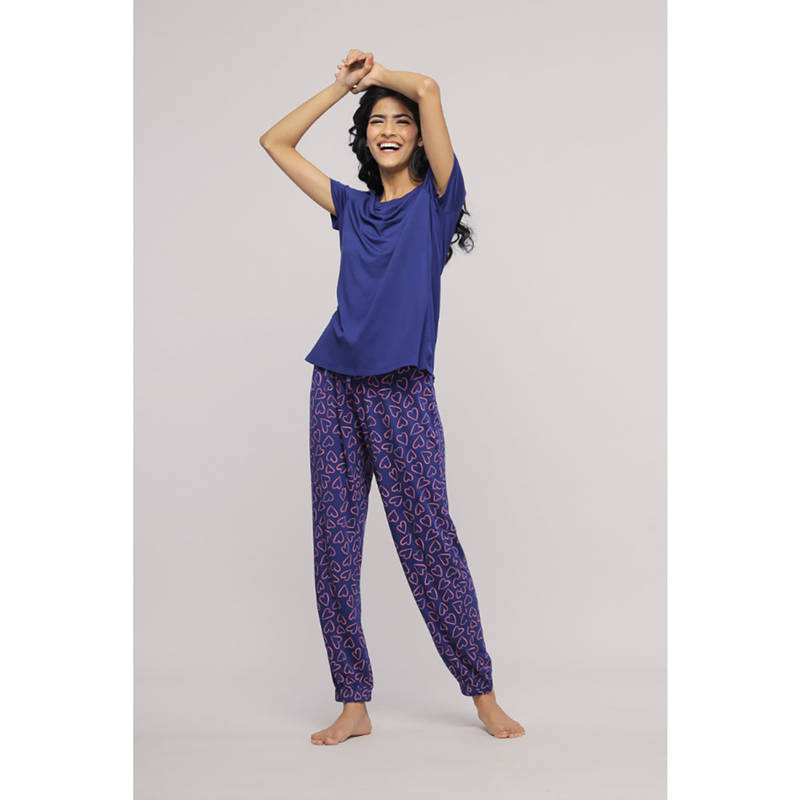NeceSera Women Navy Blue Modal Round Neck Top with Pyjama (Set of 2) (L)