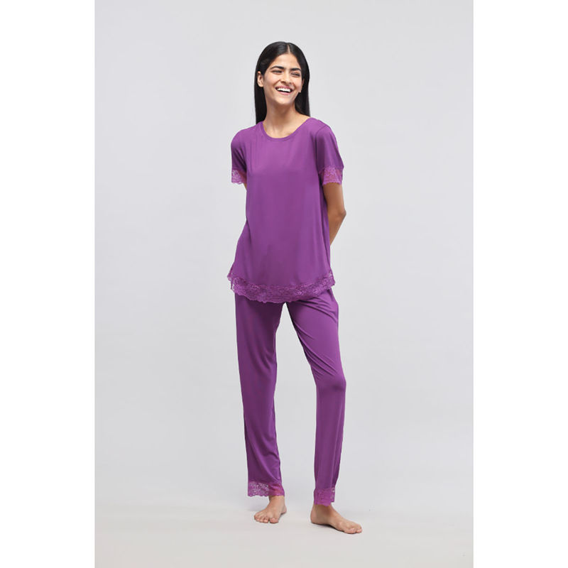 NeceSera Women Purple Modal Round Neck Top with Pyjama (Set of 2) (S)