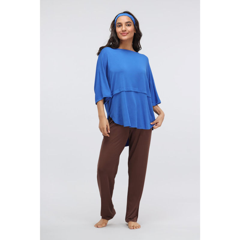 NeceSera Women Blue Modal Round Neck Top with Pyjama (Set of 2) (S)