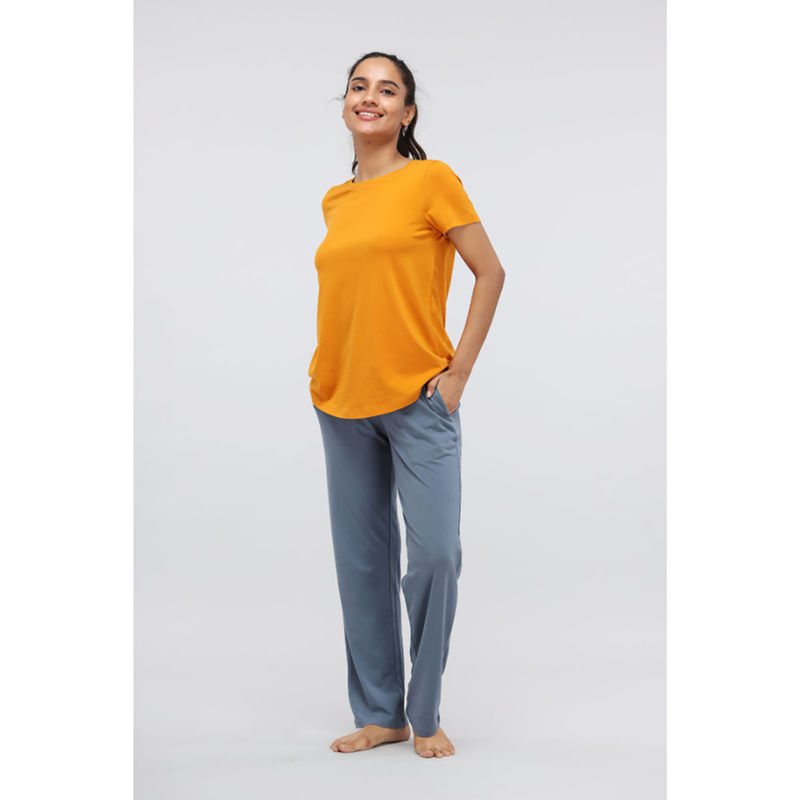 NeceSera Women Yellow Cotton Blend Round Neck Top with Pyjama (Set of 2) (L)
