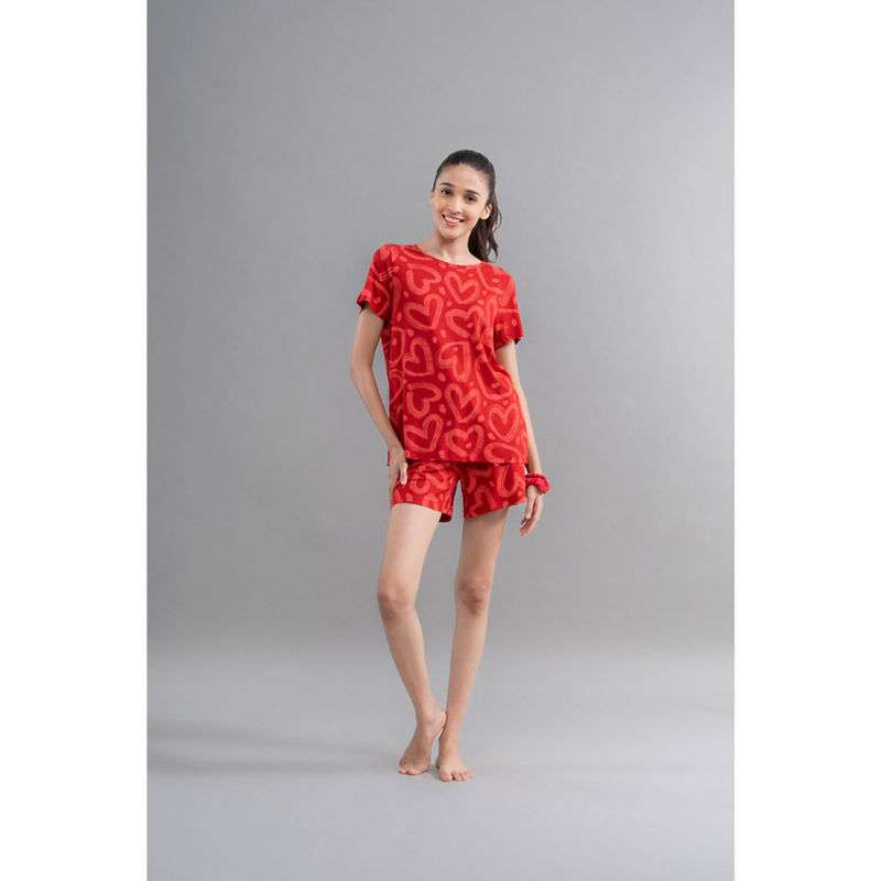 NeceSera Women Red Modal Round Neck Top with Shorts (Set of 2) (M)