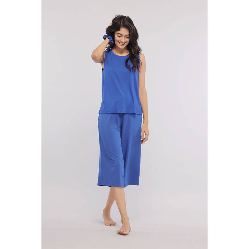 NeceSera Women Blue Modal Round Neck Top with Capri (Set of 2) (S)